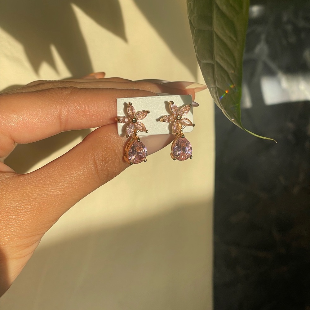 Elegant Pink Dangly CZ Gemstone Flower Earrings